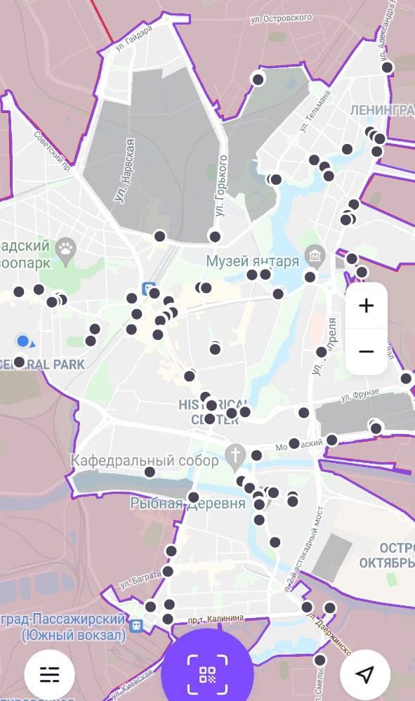 Карта аренды самокатов Urent в Калининграде